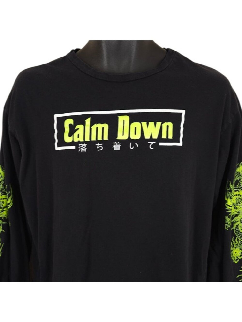 Calm Down T Shirt Womens Size XL Black Chinese Dragon Long Sleeve